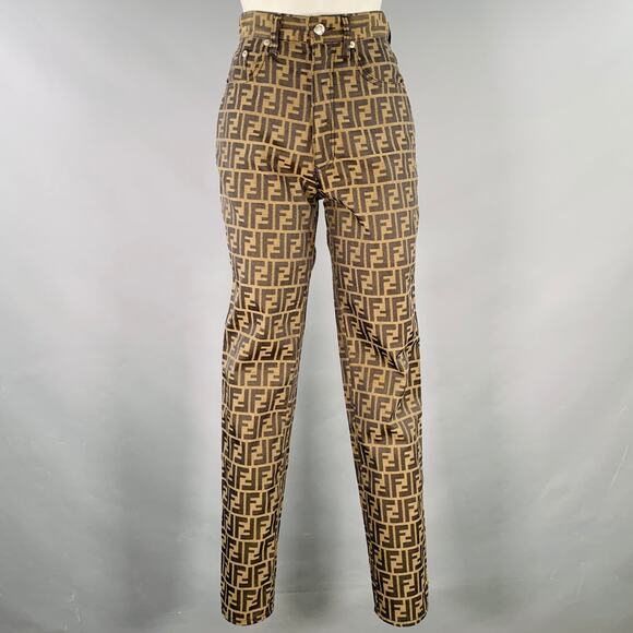FENDI Size XS Brown Black Polyester Cotton Zucca Monogram High Waisted Jeans